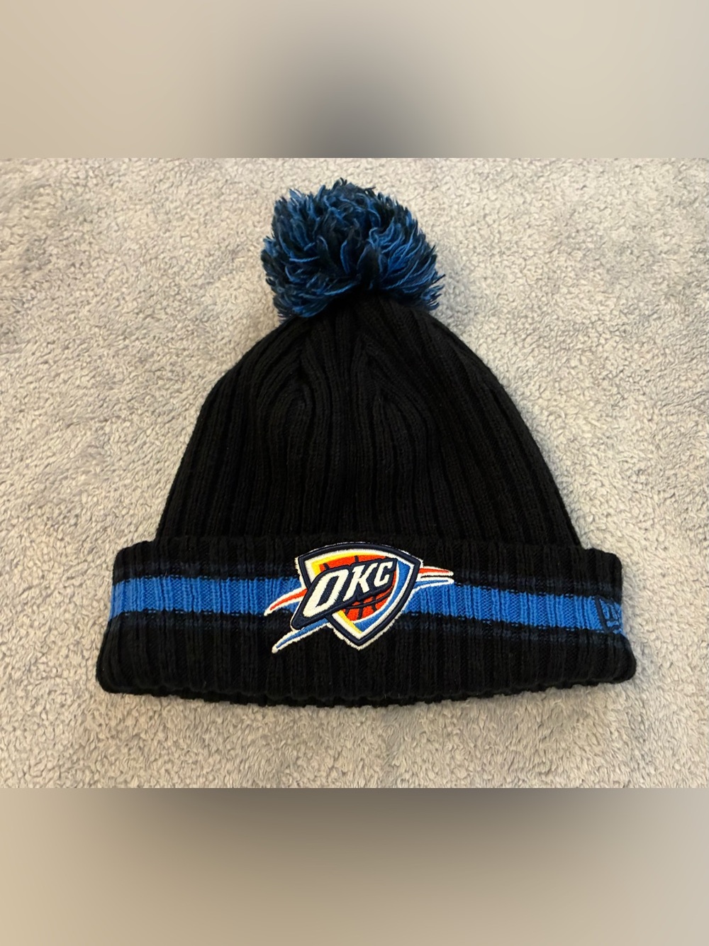Adult One Size NBA Oklahoma City Thunder - OKC- Pom Beanie Hat - Black & Blue